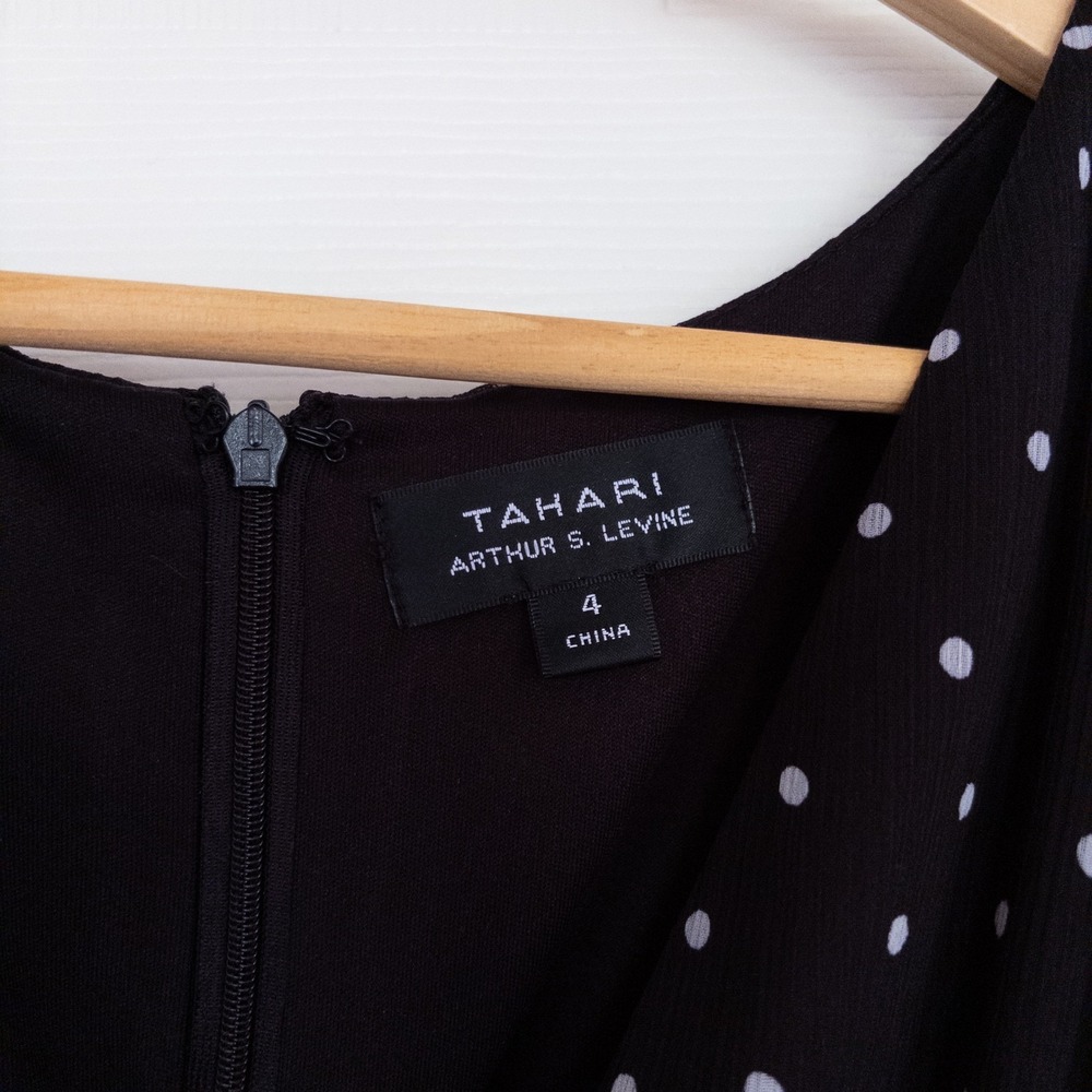 Tahari Dress Women 4 Black Polka Dot Chiffon Faux Wrap Ruffle Sleeveless V-Neck - Picture 5 of 9
